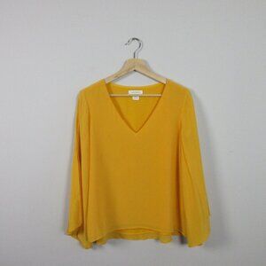 Club Monaco Women Silk Tunic Top V-Neck Pullover Bell Sleeve Casual Yellow S 124
